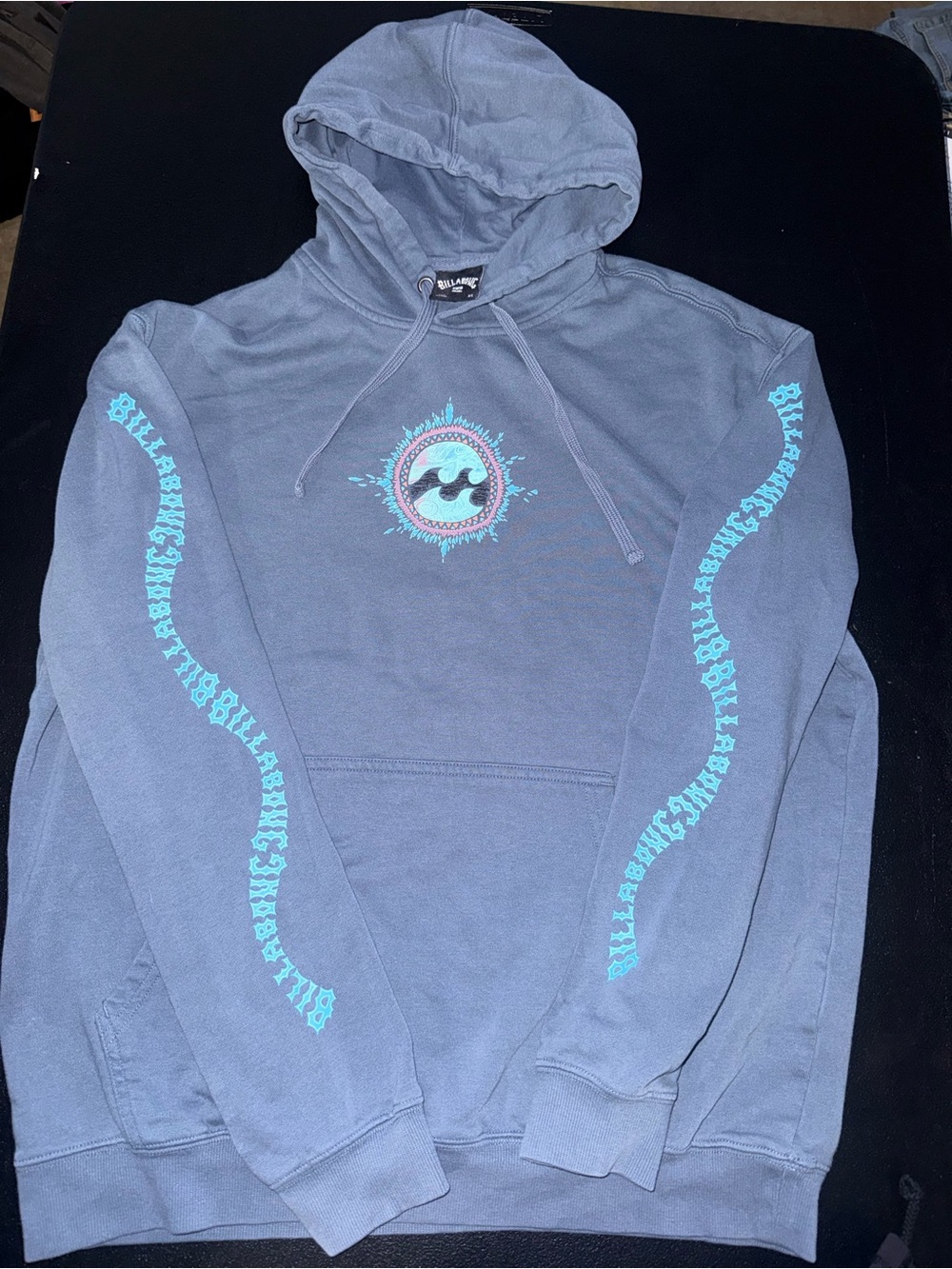 Billabong Slate Blue Pullover Hoodie with Aqua Graphic